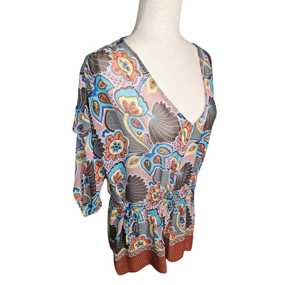 Bisou Bisou Sheer Multicolor Print Top.  Oversize Sleeves Elastic Waist Large